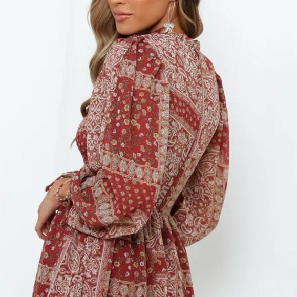 Polly Burgundy Patterned Ruffle Neck Long Sleeve Fit & Flare Dress - Picture 4 of 12